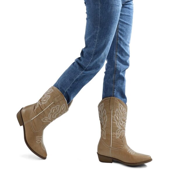 🆕Mysoft Cowboy Heel Boots Women Light Brown PU Embroidered Mid-Calf Pointed Toe - Picture 6 of 7